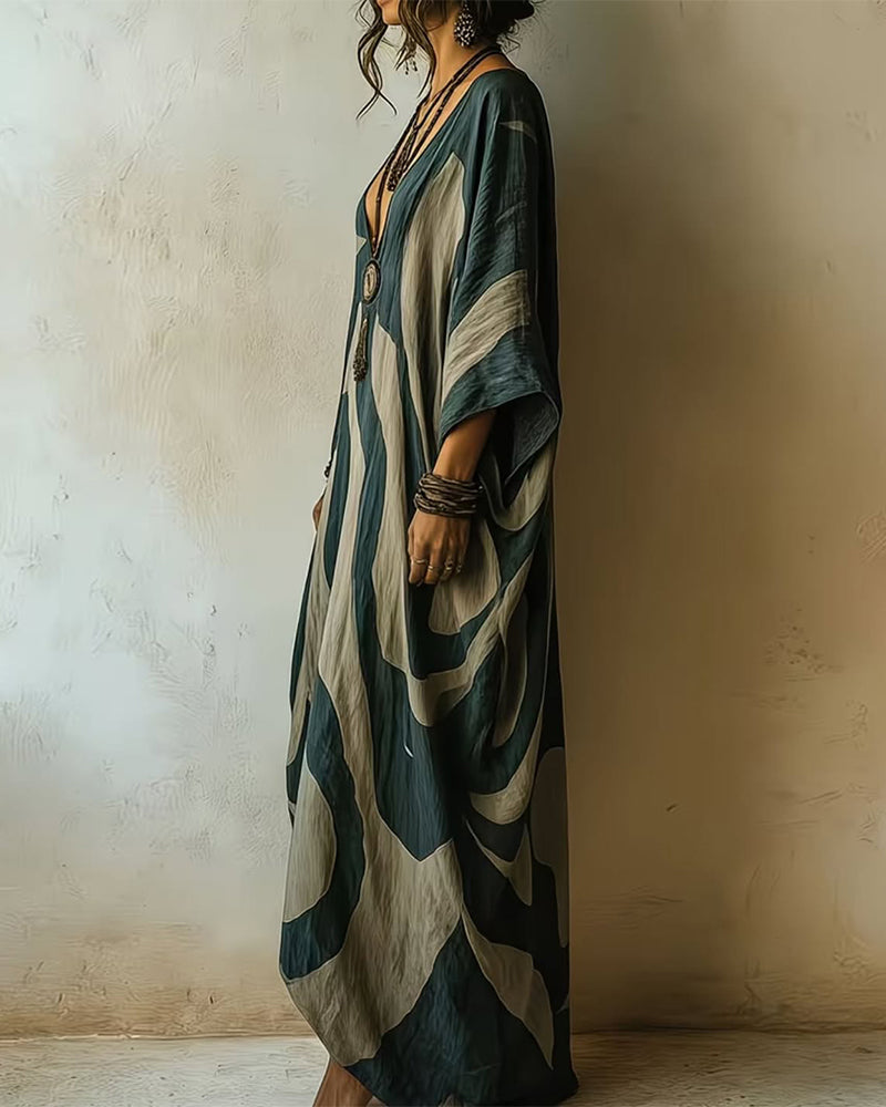 Bohemian women's long sleeve kaftan maxi dress, v-neck, and relaxed fit. Ideal for casual comfort & everyday wear.