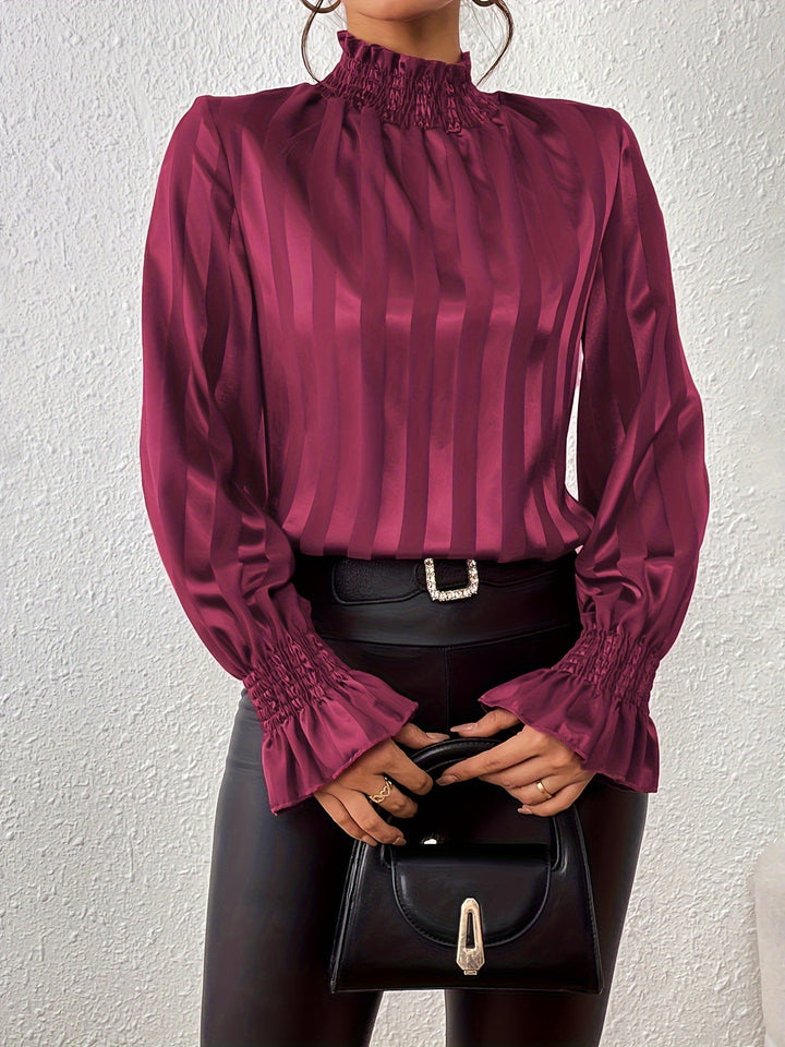 Versatile green striped long sleeve blouse for women, high neck design, ideal for office or elegant style.