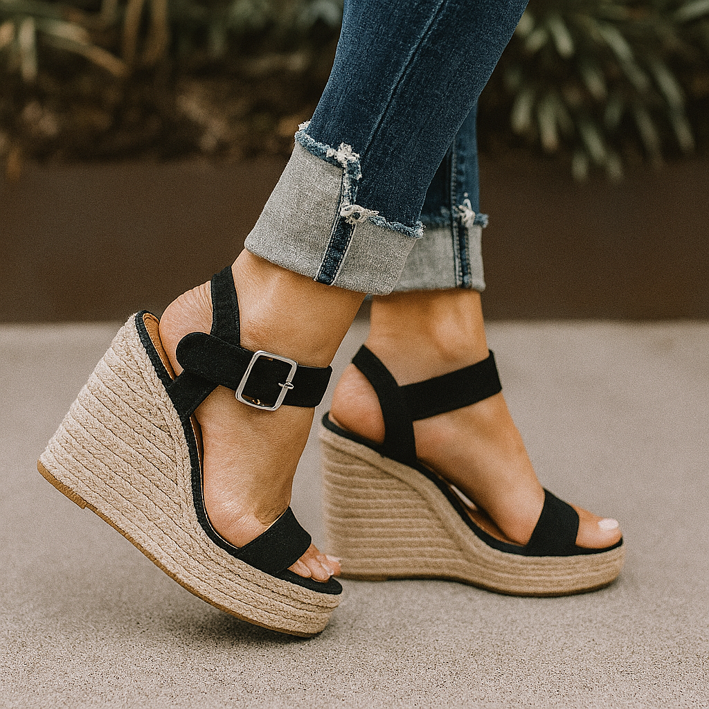 Black women's open-toe wedge sandals, elegant and comfortable for spring vacations, versatile casual slip-on shoe.