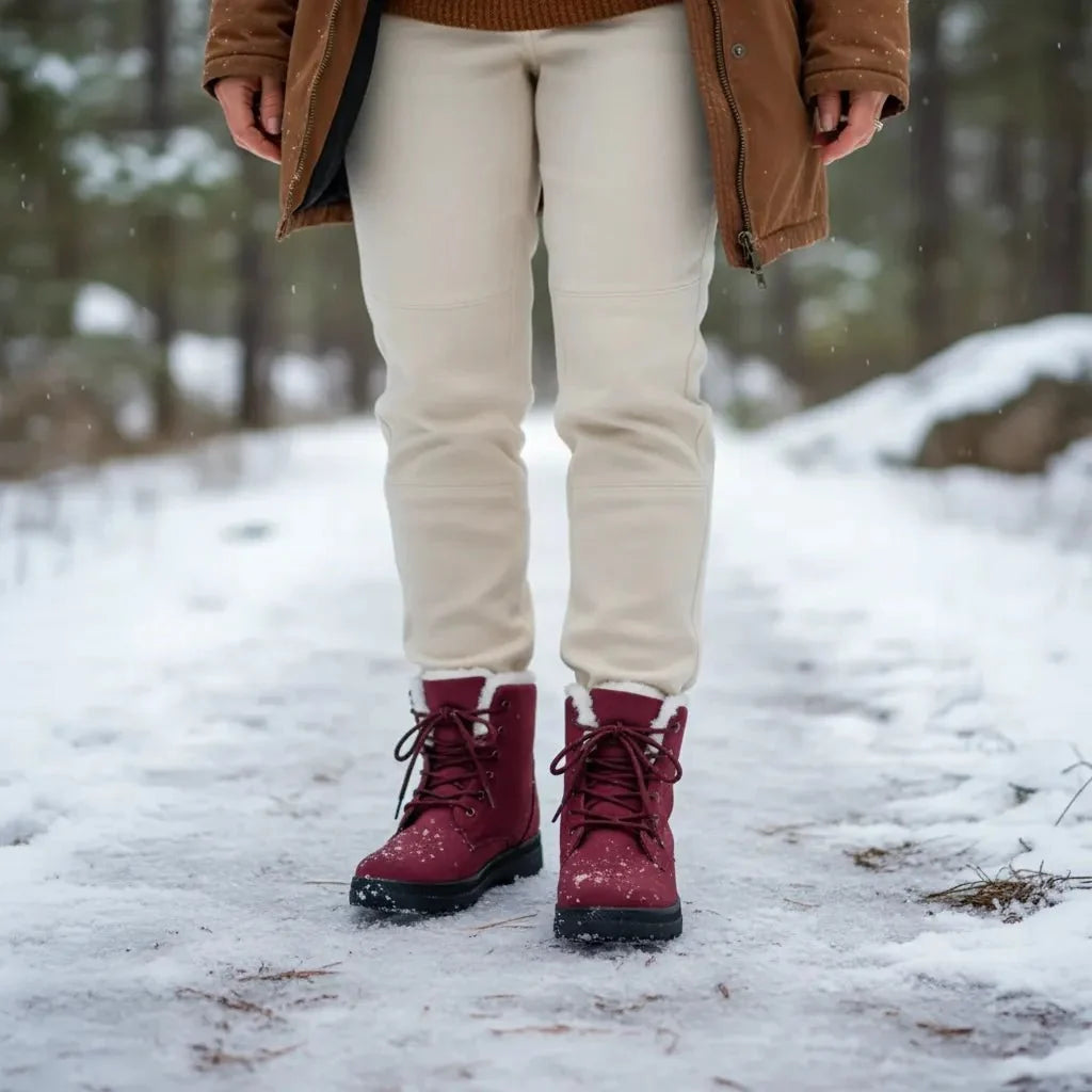 Tan women's cozy footwear, keeping feet warm and dry in snow, stylish design.