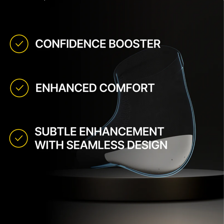 Men's posture support socks with a hidden elevator, boosting confidence and comfort.