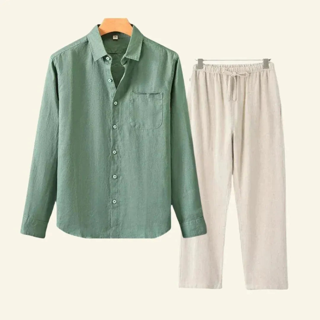 Stylish men's casual matching set: a comfortable shirt & trousers, ideal for vacation, beach, or summer outings.