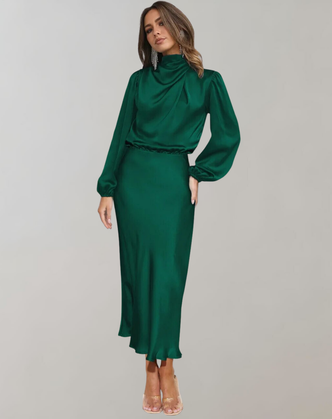 Elegant flowy long sleeve women's dress for special occasions. Perfect formal wear & evening gown.