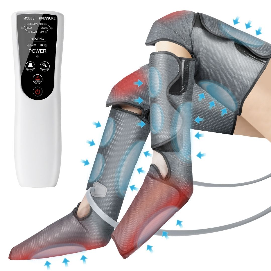 Portable full leg air compression device for on-the-go muscle recovery & pain management.