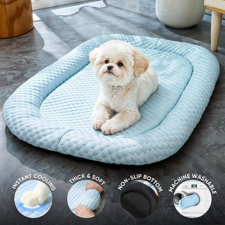 Keep pets cool with this blue ice silk summer dog & cat bed, a washable cooling mat.