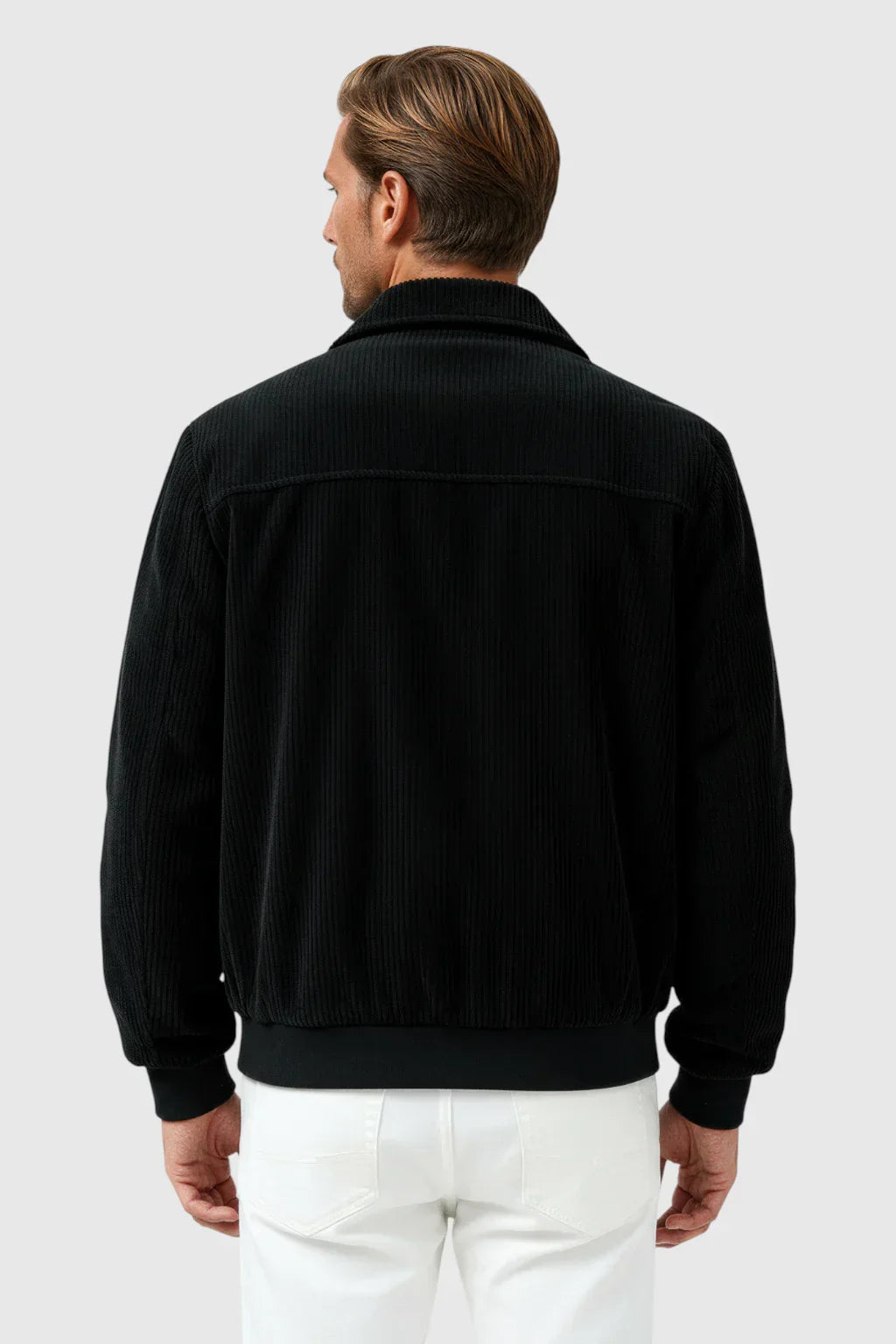 Casual black corduroy jacket for men, featuring buttons & a relaxed fit, ideal for stylish fall fashion.