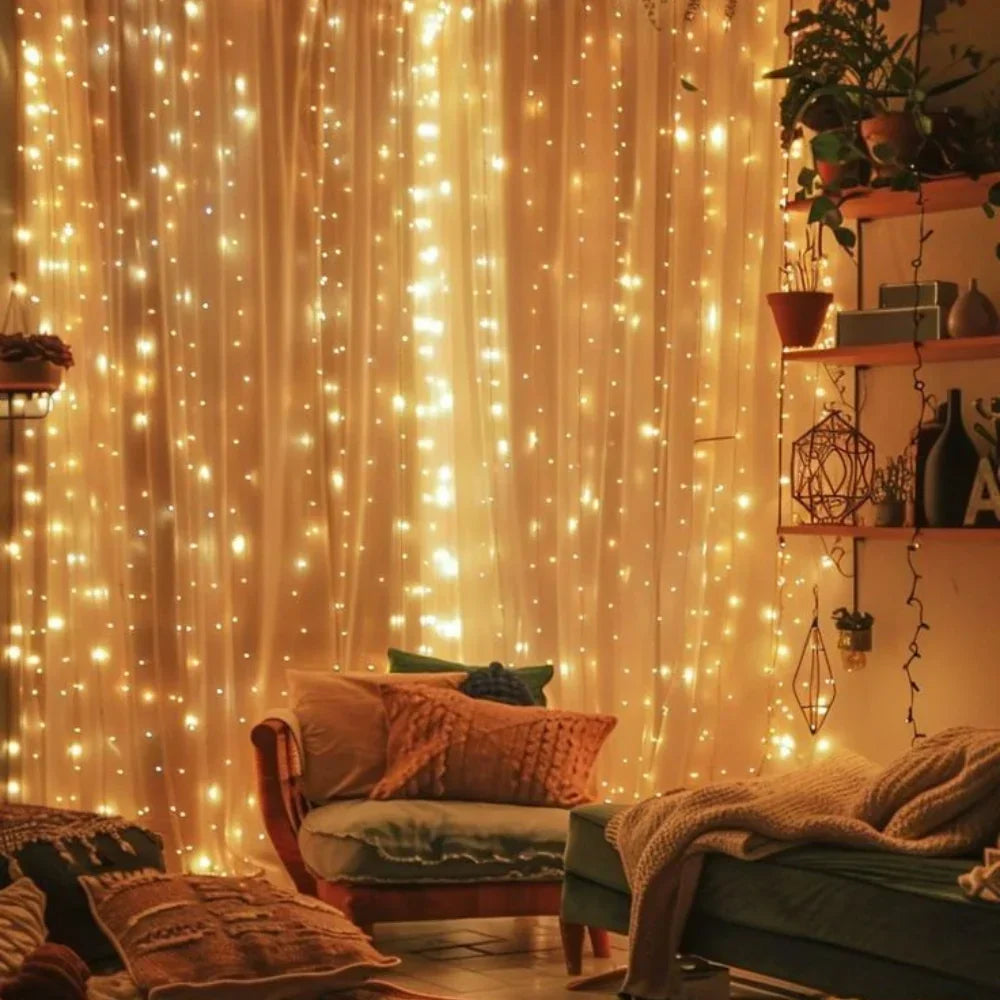Waterproof warm LED string curtain lights for beautiful outdoor patio and garden decoration.