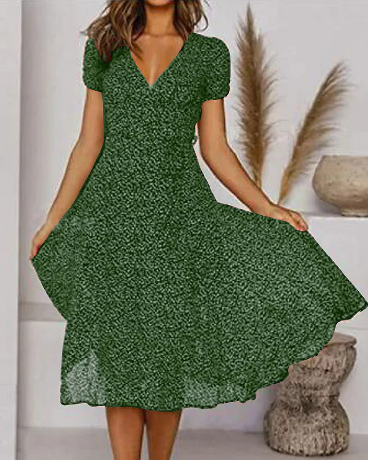 Women's V-neck fit & flare midi dress with puff sleeves, a versatile piece for casual, party, or evening wear.