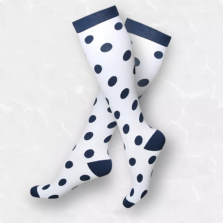 Nurse's spotted patterned compression socks, providing all-day comfort, support & circulation.