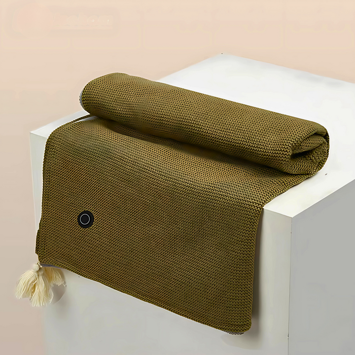 Plush heated shawl, USB powered & cordless, offering warmth for home office, travel, or relaxation.