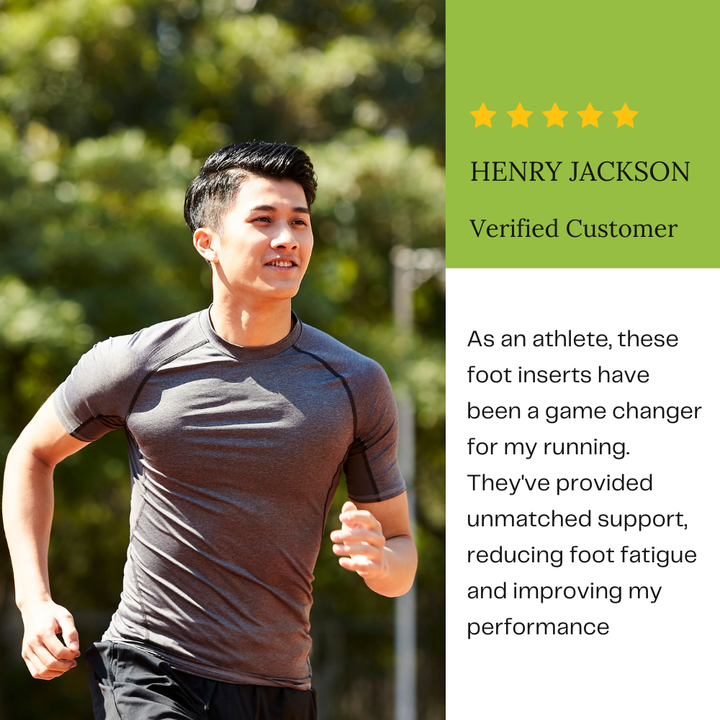 Unisex blue foot gel inserts placed inside a shoe, demonstrating comfortable orthotic arch support for active men & women.