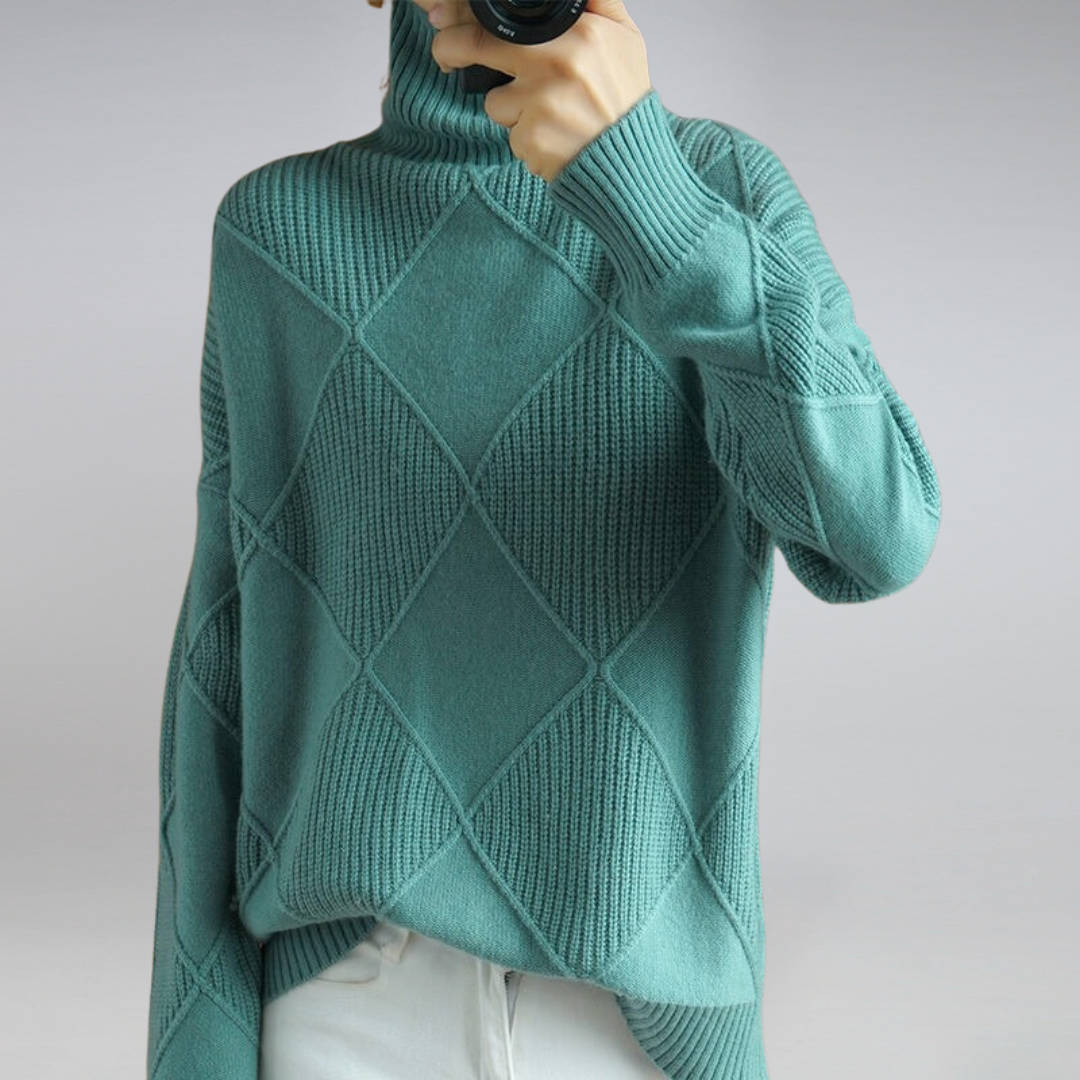 Fashionable women's winterwear: cozy knitted turtleneck sweater, perfect for elegant warmth.