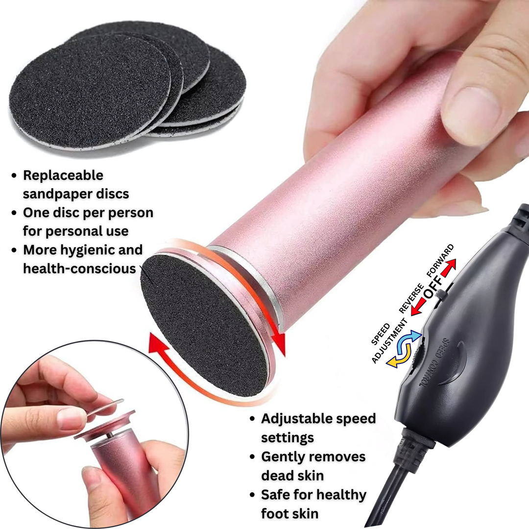 Close-up of the rotating head of an electric foot callus remover, showing its powerful skin exfoliation grit.