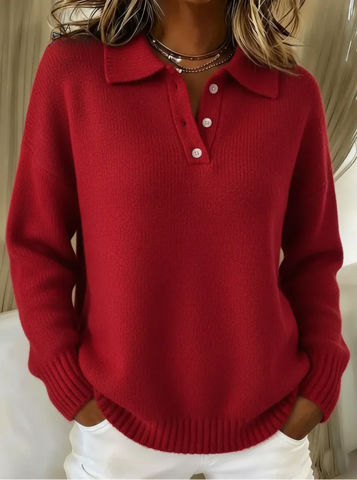 Versatile beige women's long sleeve collared knit sweater, suitable for elegant office or casual styles.