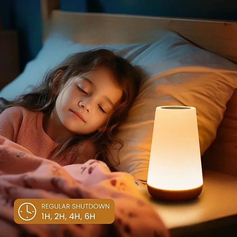 Stylish multicolor LED bedside lamp, touch & remote dimmable, offering soft ambient night light.