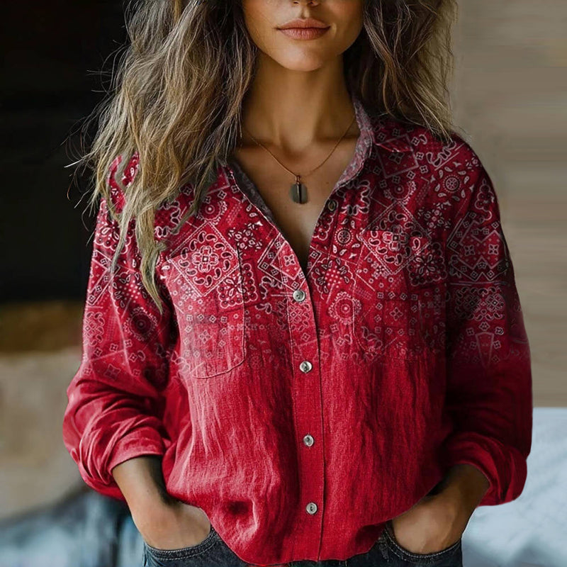 Women's vintage print long sleeve blouse, perfect for summer casual wear and daily fashion.