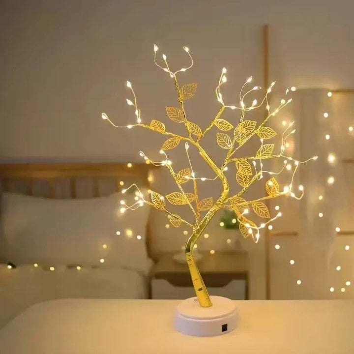 Beautiful Warm White Golden Leaf LED Bonsai Tree Lamp, a unique and decorative home decor piece.