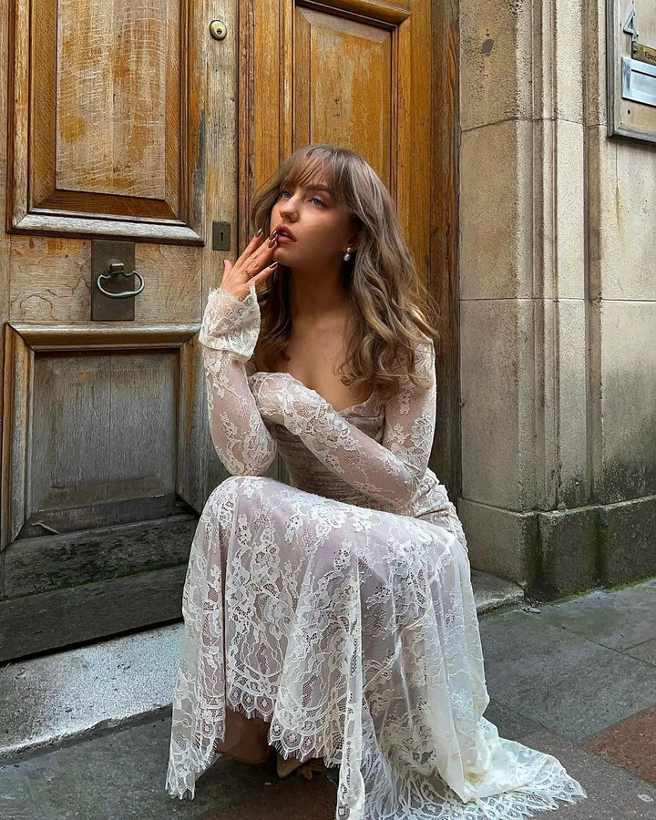 Beautiful women's long lace maxi dress, an elegant and sophisticated choice for a wedding guest.