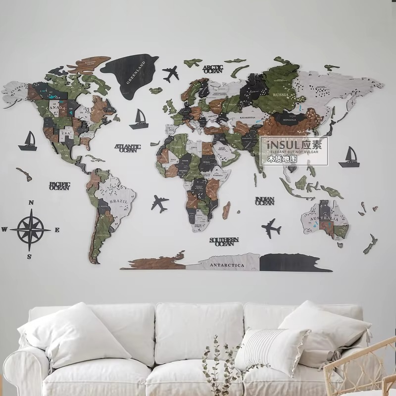 3D Wooden World Map Wall Art with engraved global countries, natural wood finish, perfect for home & office decor.