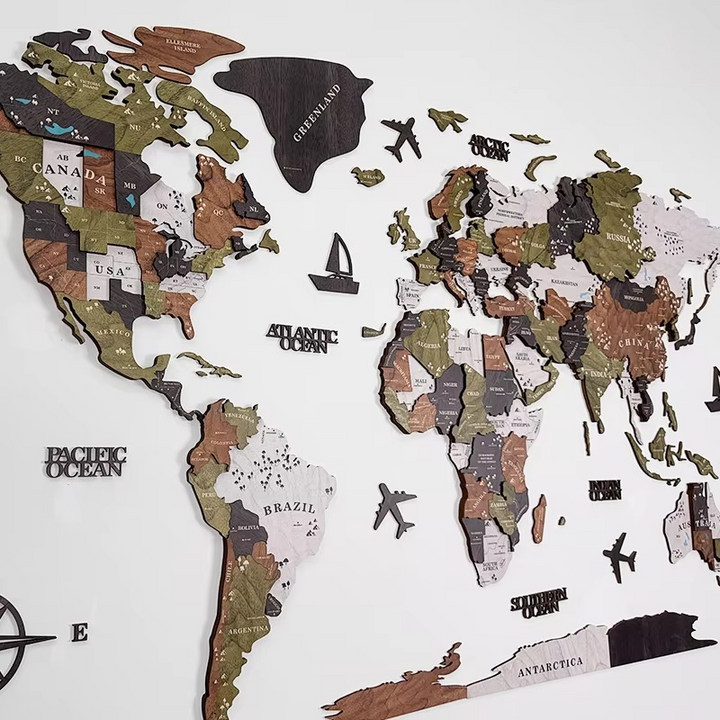 Detailed 3D wooden world map for wall art, showing countries and time zones. Ideal global travel decor.