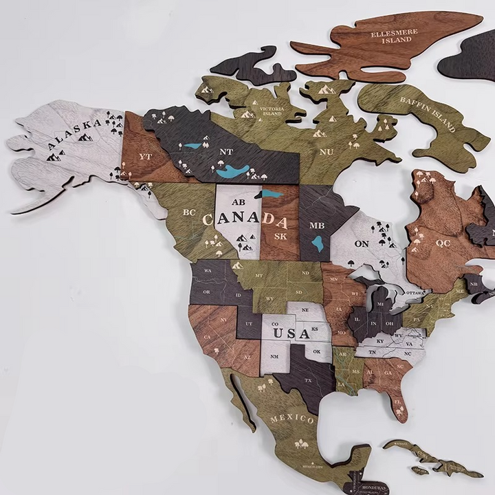 Engraved natural wood 3D world map wall art, featuring brown & green tones for elegant home or office decor.