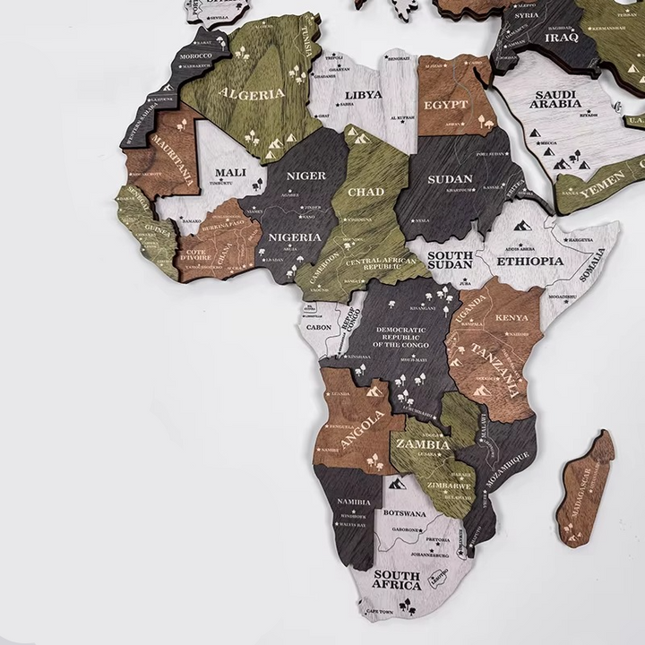 Stunning 3D wooden global map wall art, a unique travel art piece for modern home and office interiors.
