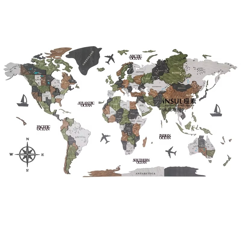 Artistic 3D wooden world map with defined countries and time zones. Excellent wall decor for travel enthusiasts.