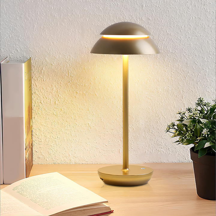 Detail of soft, warm glow from Nordic minimalist LED table lamp, dimmable rechargeable light for ambiance.