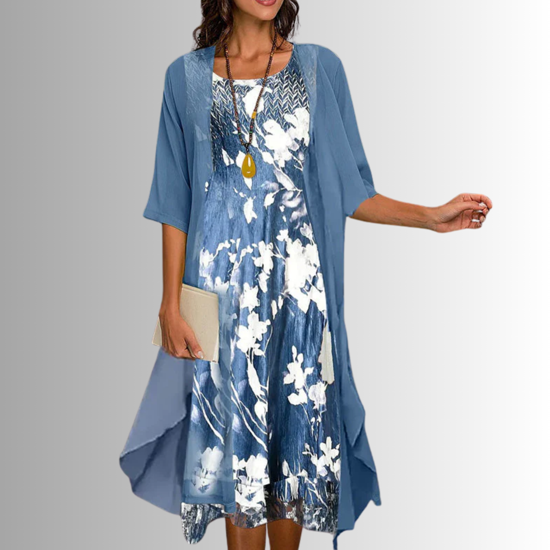 Beautiful floral print midi two-piece dress, perfect for casual or elegant summer wear.