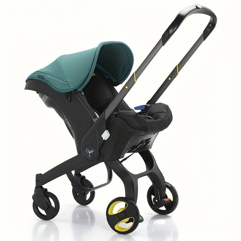 Foldable 4-in-1 travel system with car seat, ideal for city parents & compact storage.