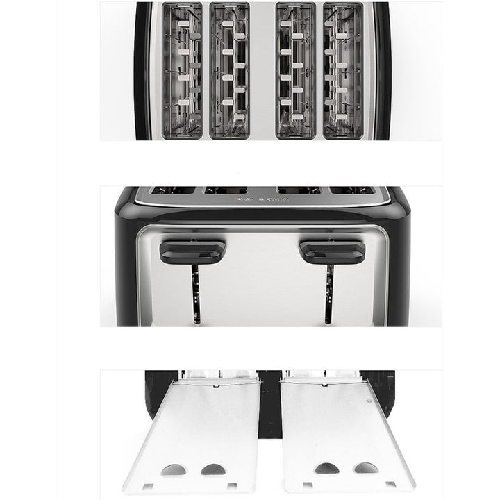Family-friendly 4 slice toaster oven for home cooking, stainless steel design, includes defrost function.