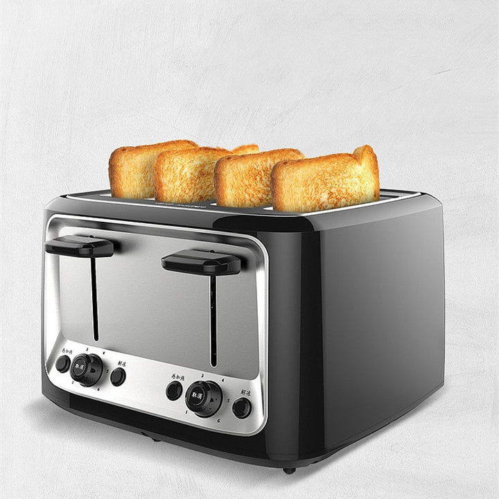 Efficient 4 slice toaster oven with a sleek stainless steel top and intuitive dual control knobs.