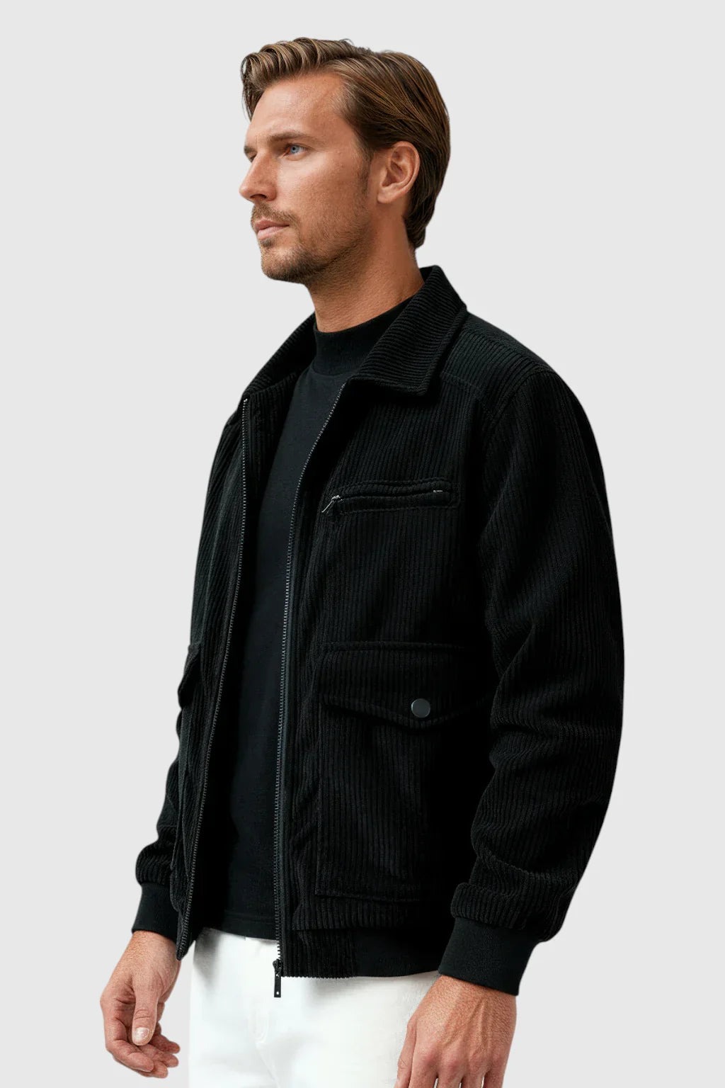 Men's versatile black corduroy button jacket, a classic piece of outerwear for spring & fall everyday style.