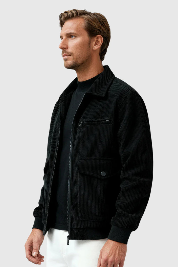 Men's versatile black corduroy button jacket, a classic piece of outerwear for spring & fall everyday style.