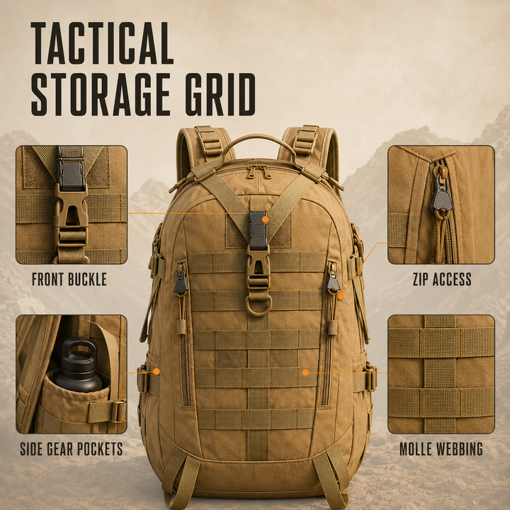 Durable, waterproof 10 gallon tactical backpack for outdoor adventures, rugged military-style rucksack.