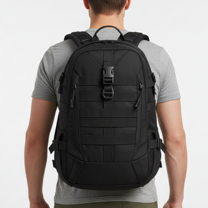 Military-style 10 gallon tactical rucksack with laptop compartment, waterproof, ideal for outdoor gear.