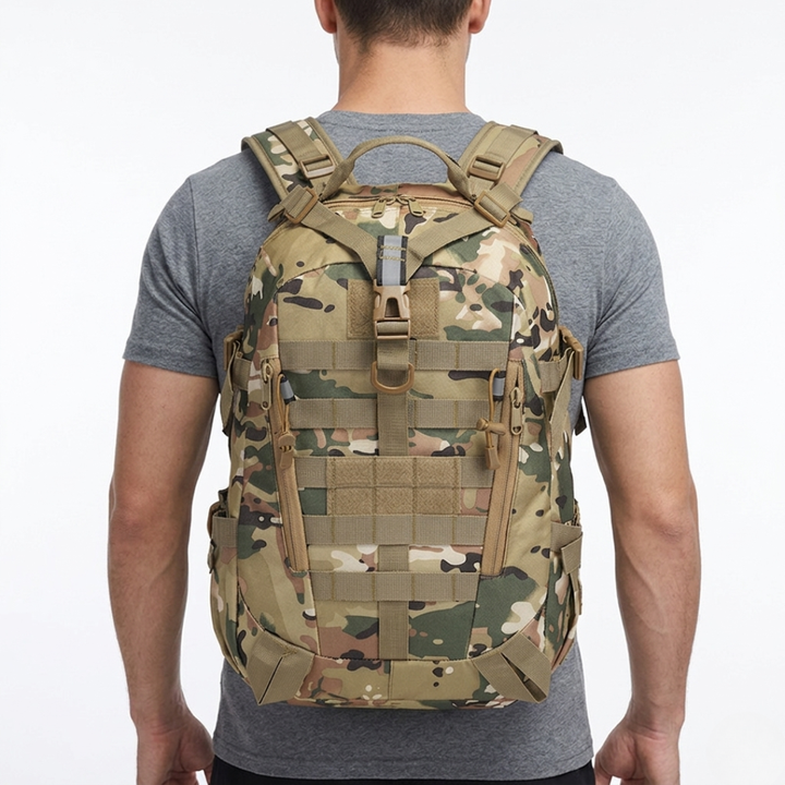 Rugged 10 gallon tactical hiking backpack, waterproof, durable, comfortable for long outdoor adventures.