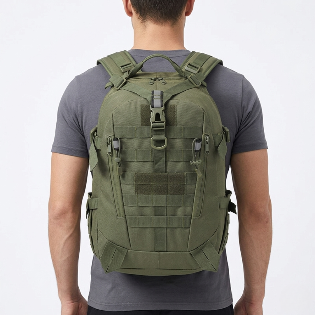 Side view of a 10 gallon unisex tactical backpack, durable & waterproof, ready for any outdoor adventure.