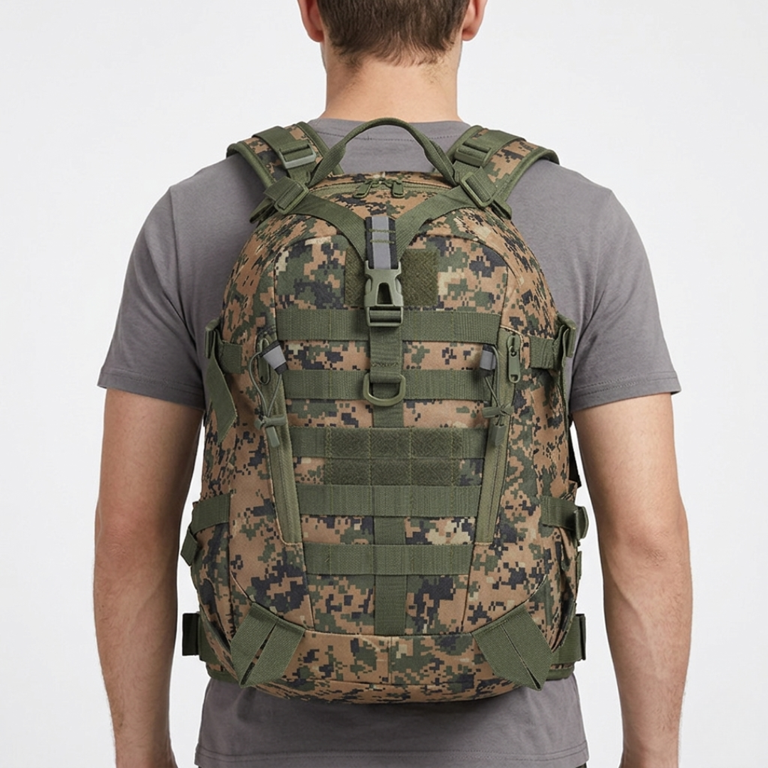 Person wearing a unisex 10 gallon tactical backpack, perfect for outdoor adventures, hiking & travel.