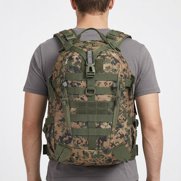 Person wearing a unisex 10 gallon tactical backpack, perfect for outdoor adventures, hiking & travel.