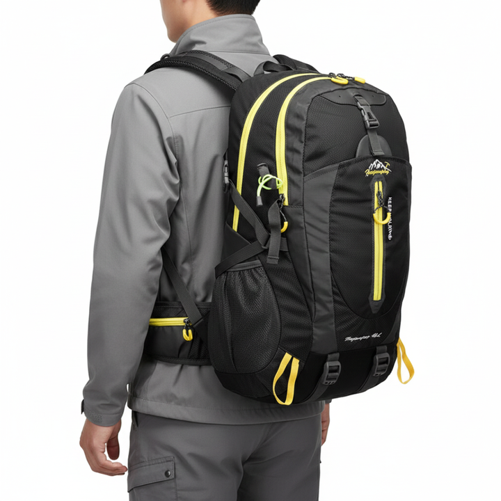 Unisex 40L water resistant outdoor backpack, front view, perfect for hiking & travel adventures.