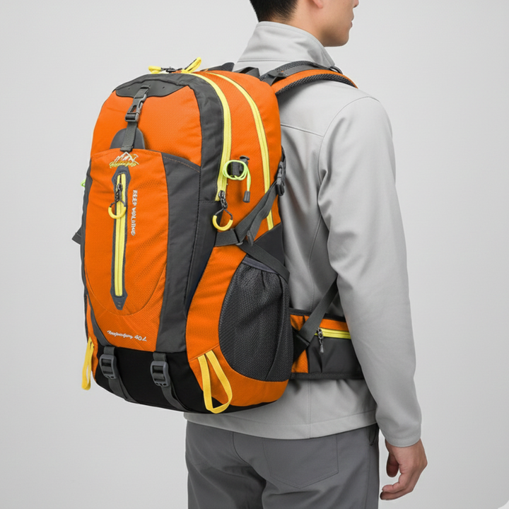 Reinforced bottom & sturdy construction of a 40L unisex water resistant hiking & travel pack.