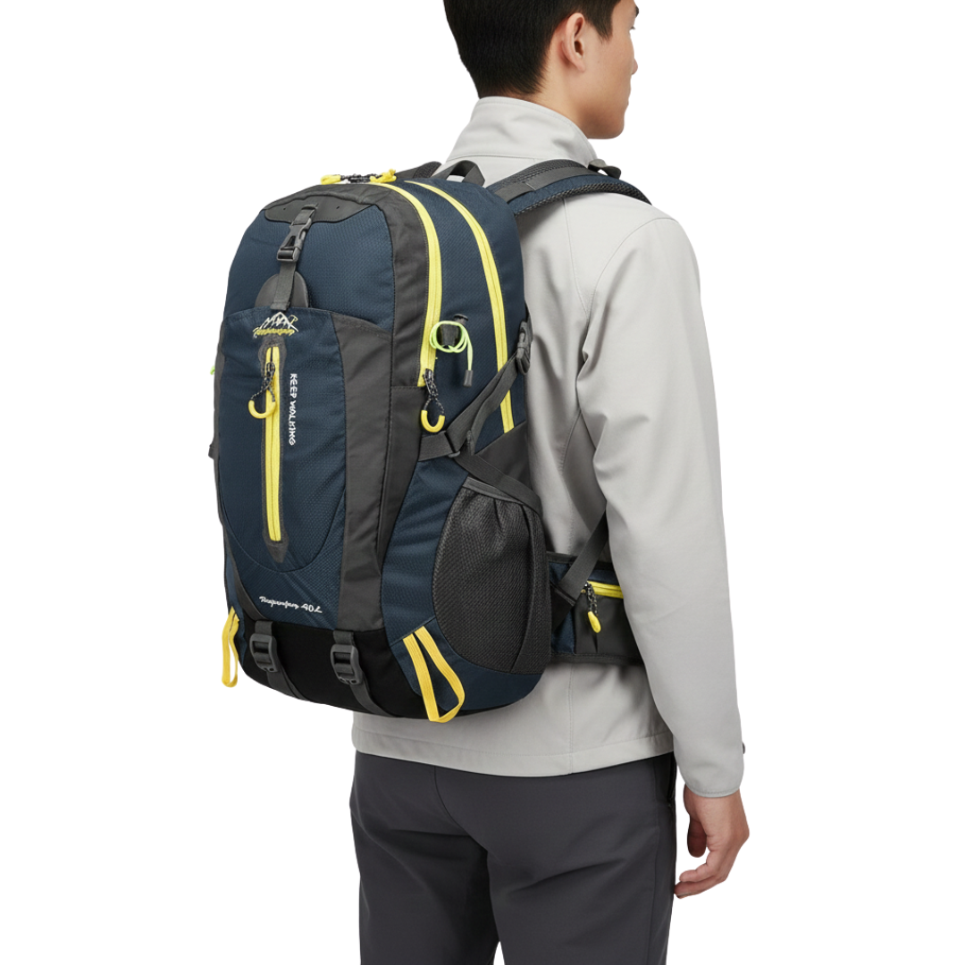 Sleek, modern design of a 40L water resistant unisex outdoor adventure gear backpack.