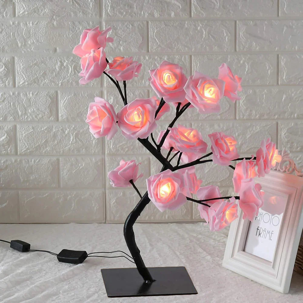 Delicate rose tree lamp with bright LED blossoms, enhancing home decor.