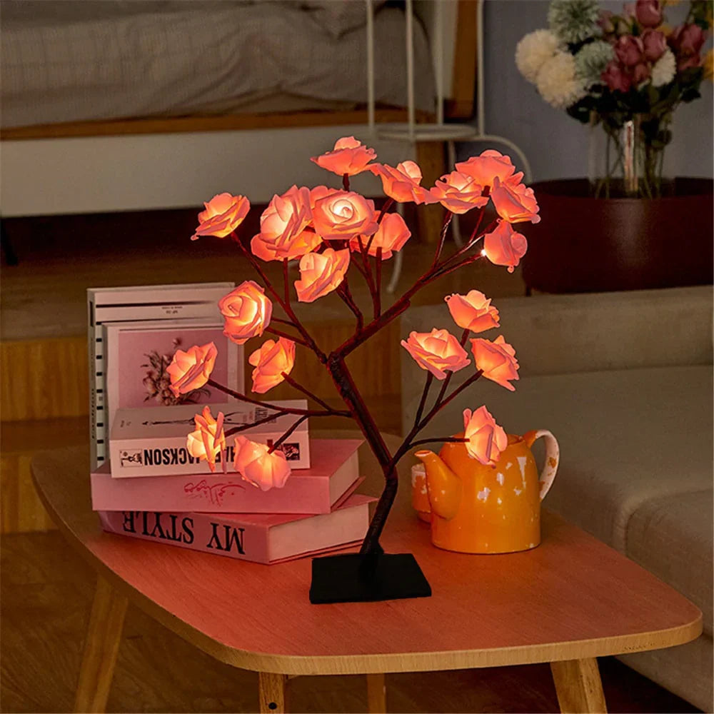 Indoor/outdoor rose blossom LED tree lamp, creating enchanting ambiance.
