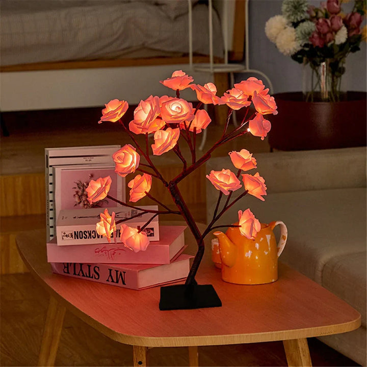 Indoor/outdoor rose blossom LED tree lamp, creating enchanting ambiance.