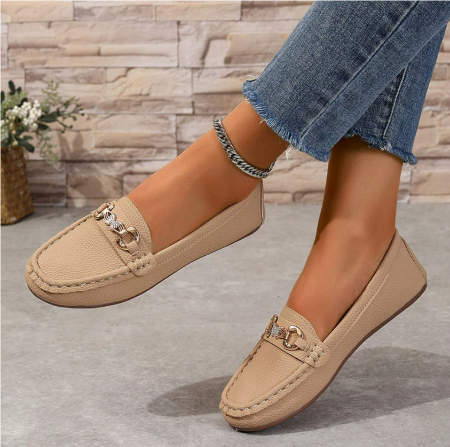 Women's classic khaki slip-on loafers, elegant and versatile for everyday wear, offering comfortable style.