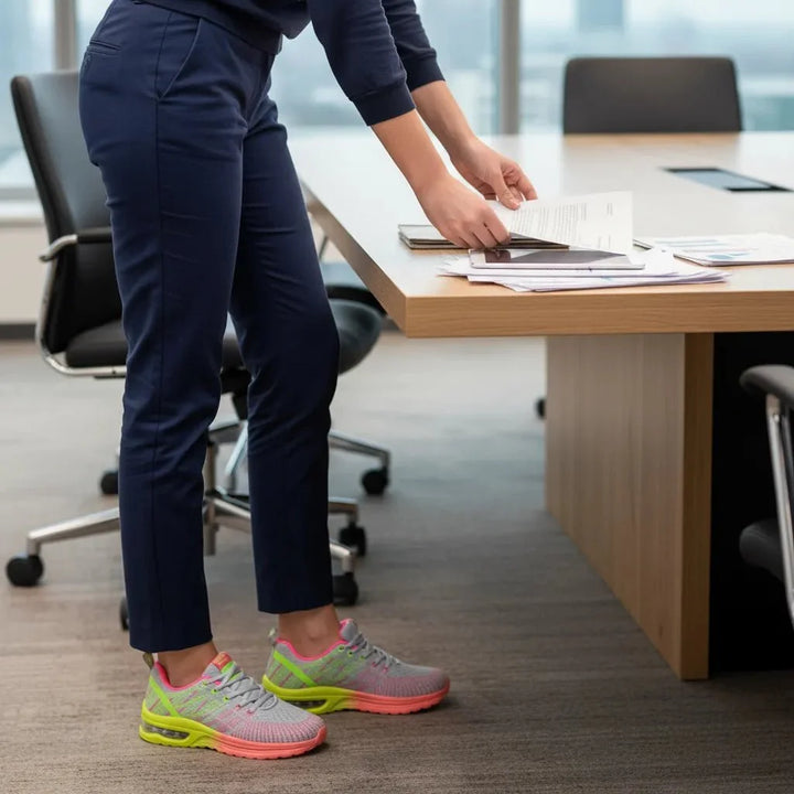 Purple athletic air cushion walking shoes for women.