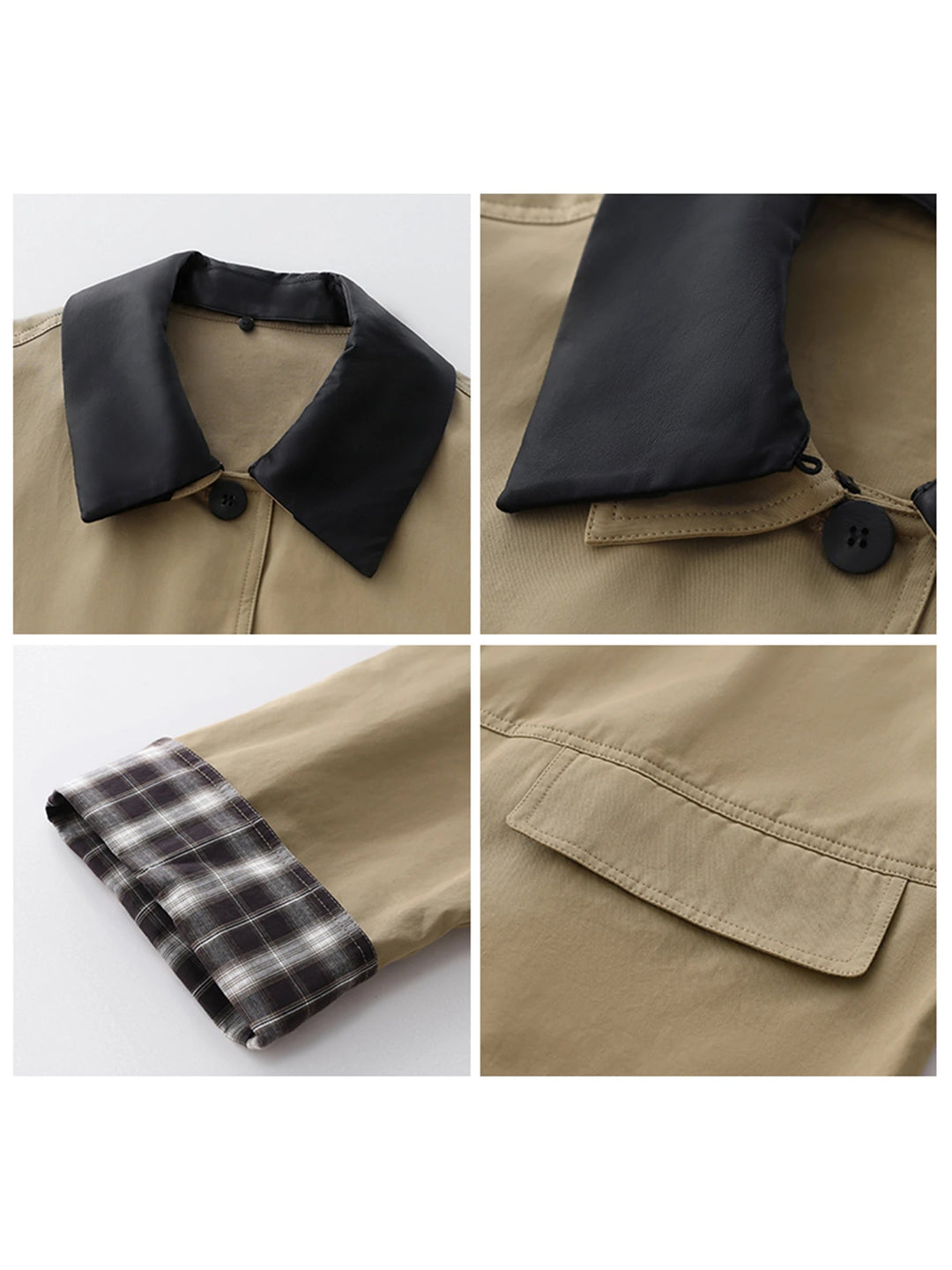 Elegant women's dark beige button-up jacket, featuring sophisticated contrast trim, perfect for fall fashion.