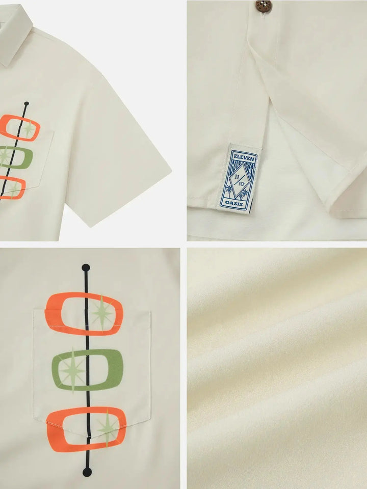 Retro men's short sleeve button-down shirt with a geometric pattern. Ideal for summer comfort, style, and resort wear.